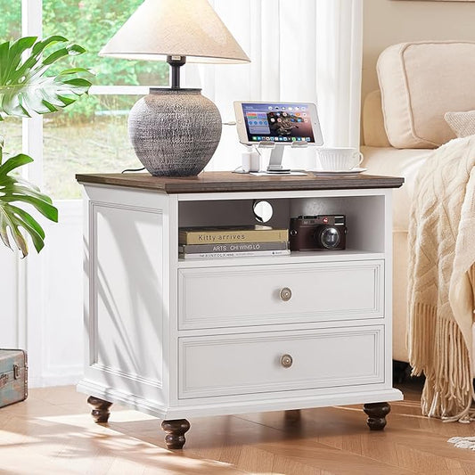 24" Wide Farmhouse Nightstand with Charging Station, End Table with 2 Drawers, White Wood Dresser for Bedroom Cabinet, Bed Side Table Chest of Drawers, Night Stand for Living Room, Closet-DeskLoop Office