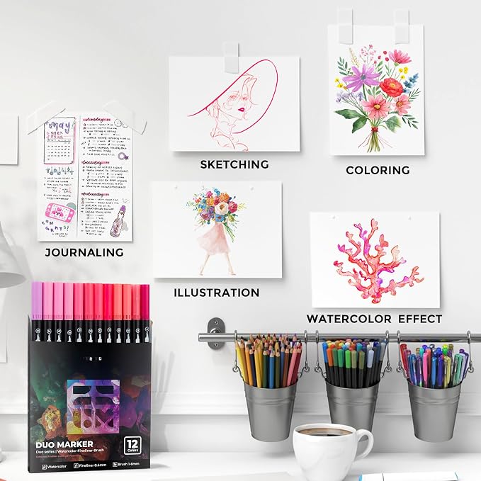 ZSCM Pink Duo Tip Marker Pens, 12 Pack Fine & Brush Markers - Image 6