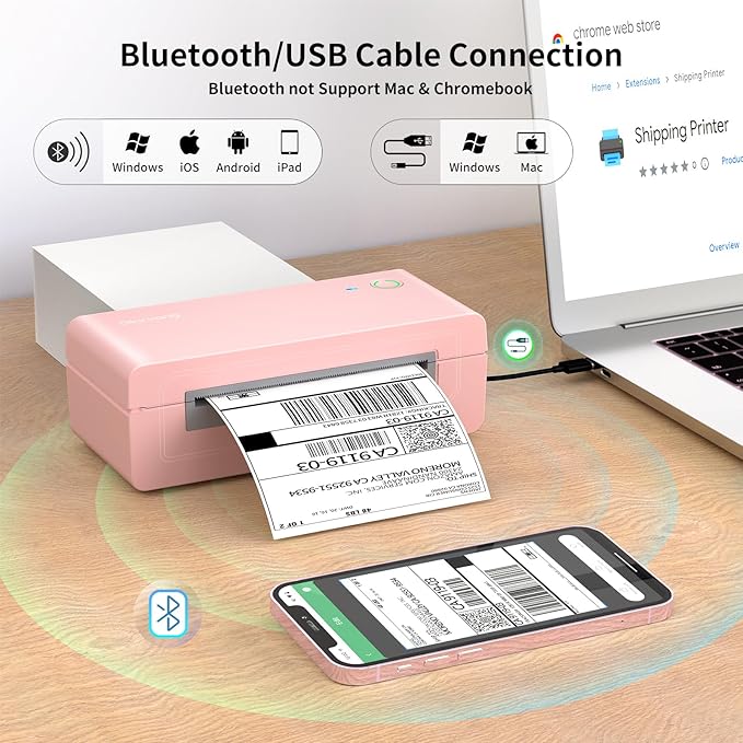 Bluetooth Thermal Shipping Label Printer, 4X6 Inkless Label Machine for iOS, Android, Laptop, Wireless Printer for Small Business, Compatible with Amazon, UPS, Shopify, Pink-DeskLoop Office