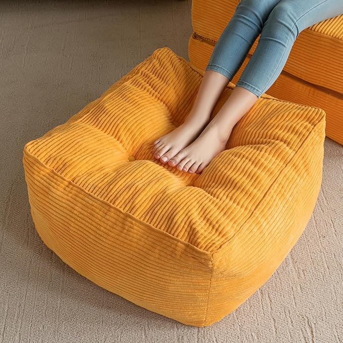 HIGOGOGO Square Stuffed Pouf Ottoman, Corduroy Poufs with Foam Chunk Filling, Furry and Fluffy Pouf Foot Stool Storage Ottoman, 25.6 X 25.6 Floor Poufs Foot Rest for Living Room, Orange-DeskLoop Office