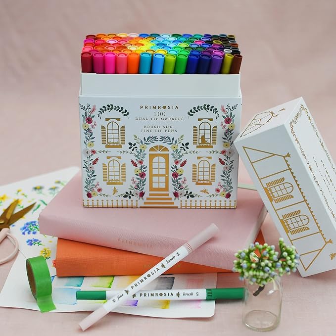 Primrosia 100 Dual Tip Marker Pens, Fineliner and Watercolor Brush Pens for Art Sketching Illustration Calligraphy or Journals Drawing Coloring-DeskLoop Office