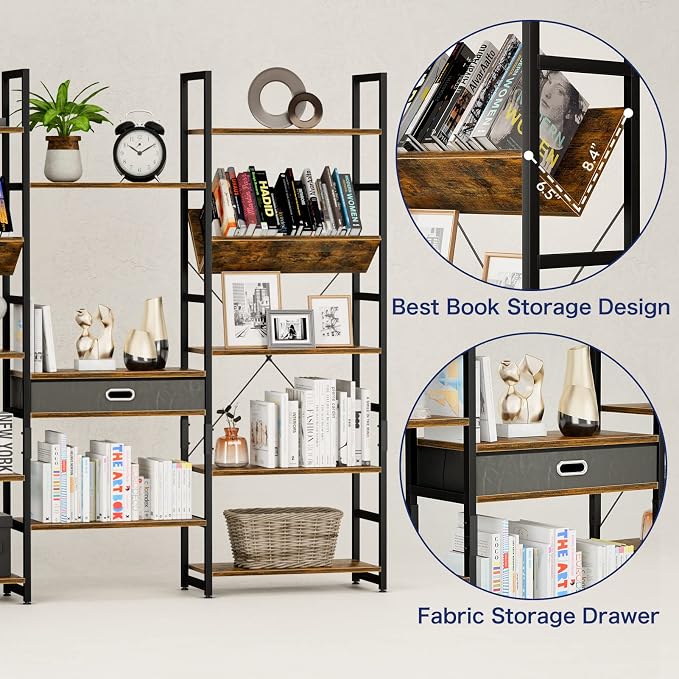 NUMENN Triple Wide 5 Tier Bookshelf, Adjustable Rustic Industrial Style Book - Image 6
