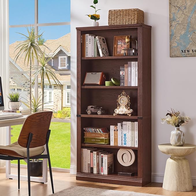 RWYHG 70" Walnut Tall Bookshelf Set of 3, 5-Tier Thick Wooden Book Shelf - Image 2