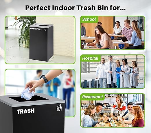 Alpine Commercial Indoor Recycle Bin - 29 Gallon Modern Looking Black Recycle Bin, Office Recycling Bins, Metal Trash and Recycling Container with Stickers & 3 Optional Lids (lid Sold Separately)-DeskLoop Office