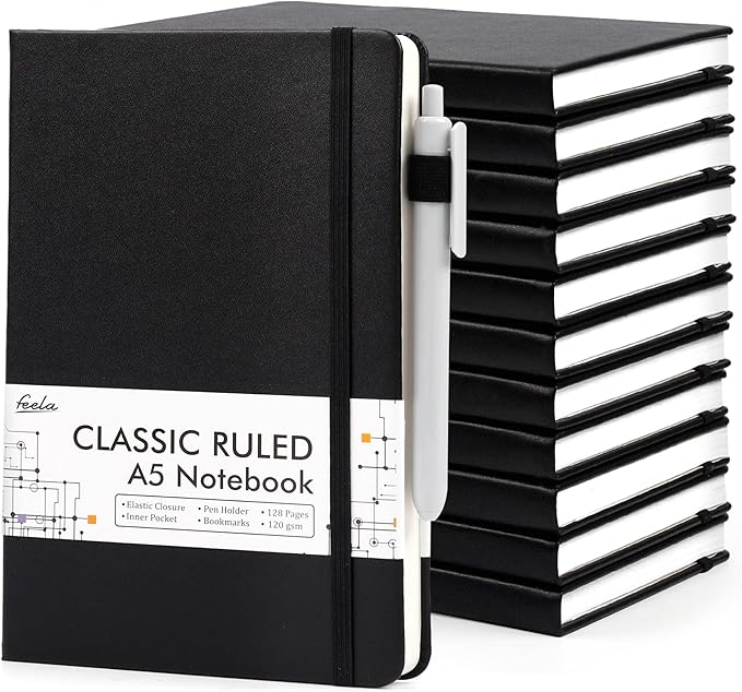feela 12 Pack Notebooks Journals Bulk with 12 Black Pens, A5 Hardcover Notebook Classic Ruled Journal Set with Pen Holder for School Business Work Travel Writing, 120 GSM, 5.1”x8.3”, Black-DeskLoop Office