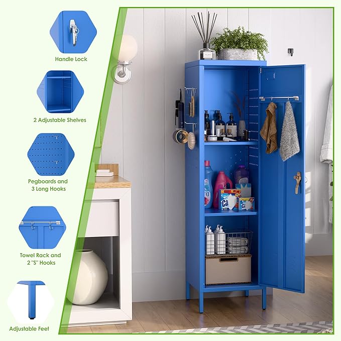 Aobabo Metal 54" H Metal Storage Locker for Employees, Lockable 1 Door with Towel Rack and 2 Side Pegboards with Hooks for School Office Gym Home, Assembly Required (Blue)-DeskLoop Office