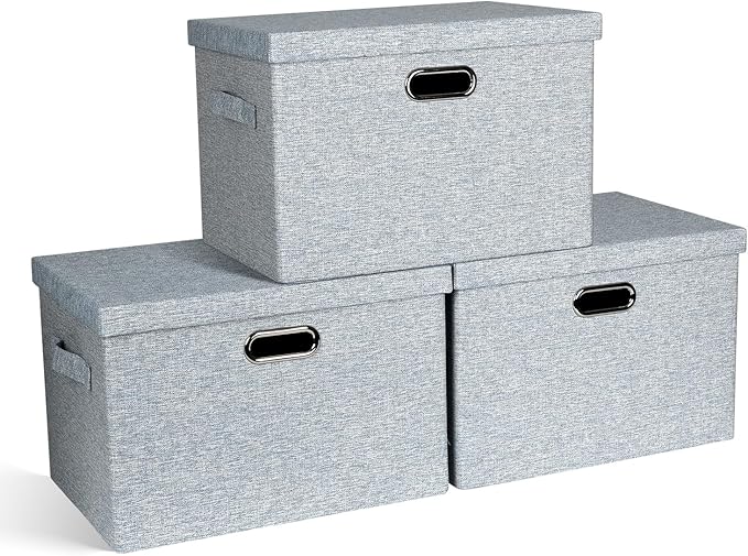 Large 17" 36 Quart Collapsible Stackable Storage Bins with Lids, 3 Packs Blue-Grey Linen Fabric Closet Boxes with Lids, Storage Cube Baskets Container Organizers for Bedroom (17x12x11)-DeskLoop Office