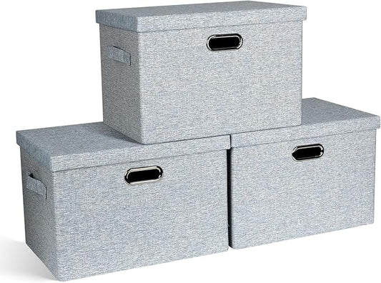 Large 17" 36 Quart Collapsible Stackable Storage Bins with Lids, 3 Packs Blue-Grey Linen Fabric Closet Boxes with Lids, Storage Cube Baskets Container Organizers for Bedroom (17x12x11)-DeskLoop Office