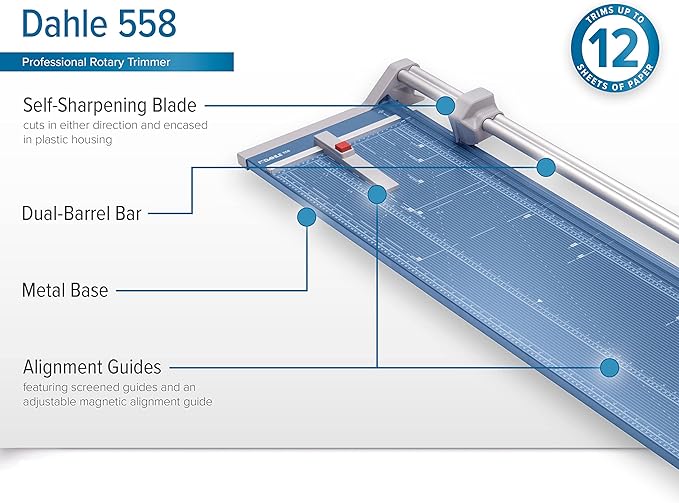Dahle 558 Professional Rotary Trimmer, 51" Cut Length, 12 Sheet Capacity, Self-Sharpening, Dual Guide Bar, Automatic Clamp, German Engineered Paper Cutter-DeskLoop Office