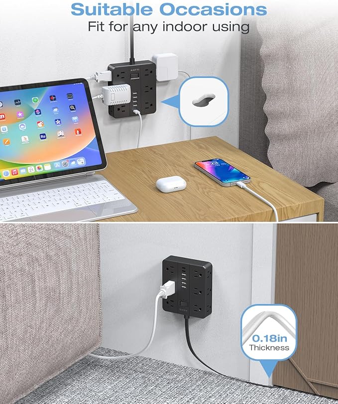 Flat Plug Power Strip, AOFO 5 Ft Extension Cord with 12 Outlets & 6 USB Ports (4 USB-A, 2 USB-C), Surge Protector, Ideal for Home, Office, Dorm, Large Spaces, Reliable and Safe, Black-DeskLoop Office