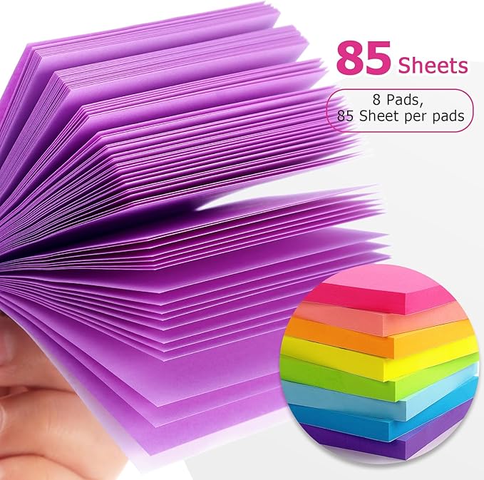 Eastern Wolf 8 Pads Sticky Notes 3x3 Self-Stick Notes 8 Bright Multi Colors Purple Sticky Notes, 85 Sheet/Pad-DeskLoop Office