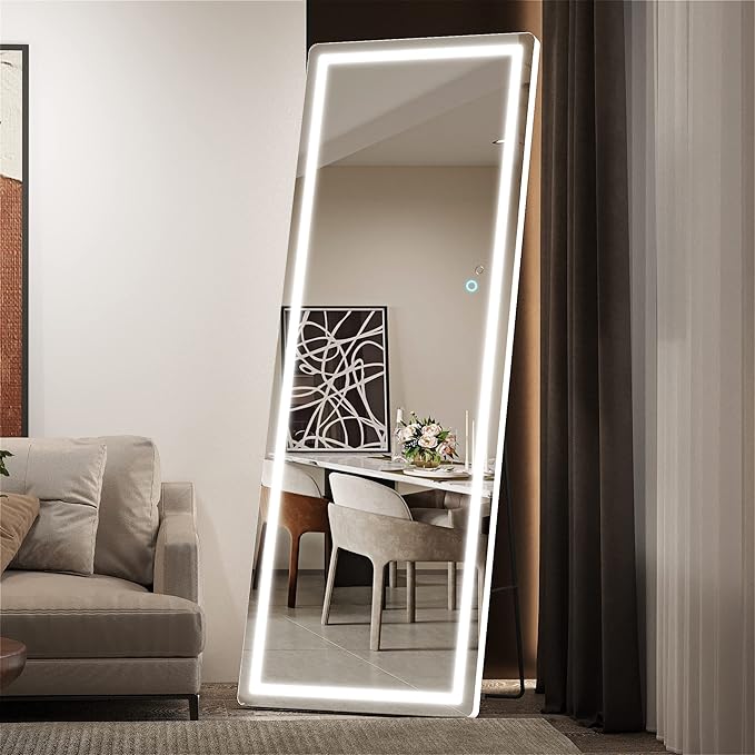 Hasipu Full Length Mirror with Lights, 61" x 22" LED Floor Mirror, Full Body Dressing Standing, Hanging Mounted Mirror for Living Room Bedroom Cloakroom, Round White-DeskLoop Office