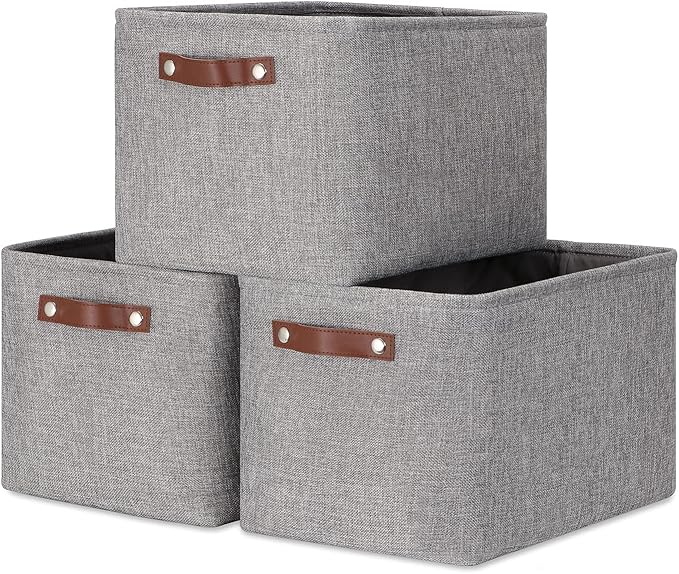 DULLEMELO Medium Storage Baskets for Organizing, Rectangular Fabric Storage Bins Collapsible, Perfect for Shelves, Closets, Nursery, Home, Office, Empty Gift Baskets (3-Pack,Grey)-DeskLoop Office