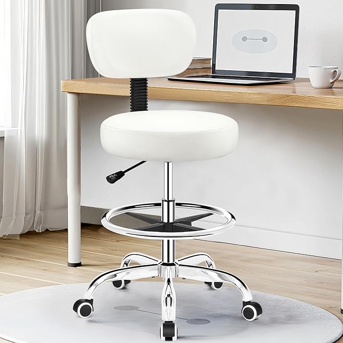 Drafting Chair with Backrest – Adjustable Foot Rest Rolling Stool with Wheels, PU Leather Swivel Stool for Office Spa Studio Lab Counter Salon Home Work Bar Kitchen Shop(White)-DeskLoop Office