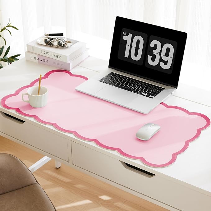 Scalloped Desk Mat, 31.5" x 15.7" Hot Double Pink Large Cute Aesthetic Desk by Ohocut