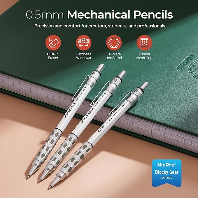 Nicpro 3 Pack Blocky Gear 0.5 mm Metal Mechanical Pencils Set - Image 2