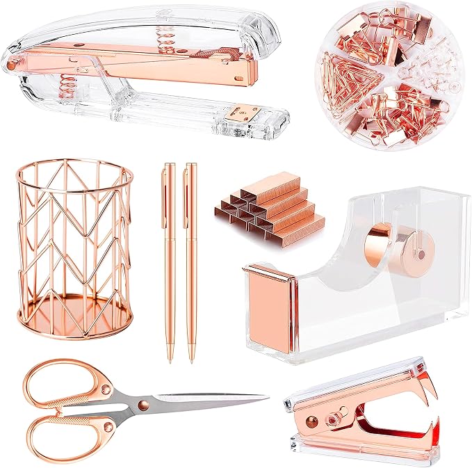 Famassi Rose Gold Desk Accessories，Office Supplies Set Acrylic Stapler Set by Famassi