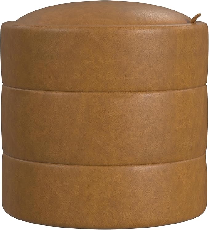 HomePop Storage Round Ottoman with Removable Lid Home Décor|Upholstered Round Velvet Foot Rest Ottoman - Carmel Faux Leather-DeskLoop Office