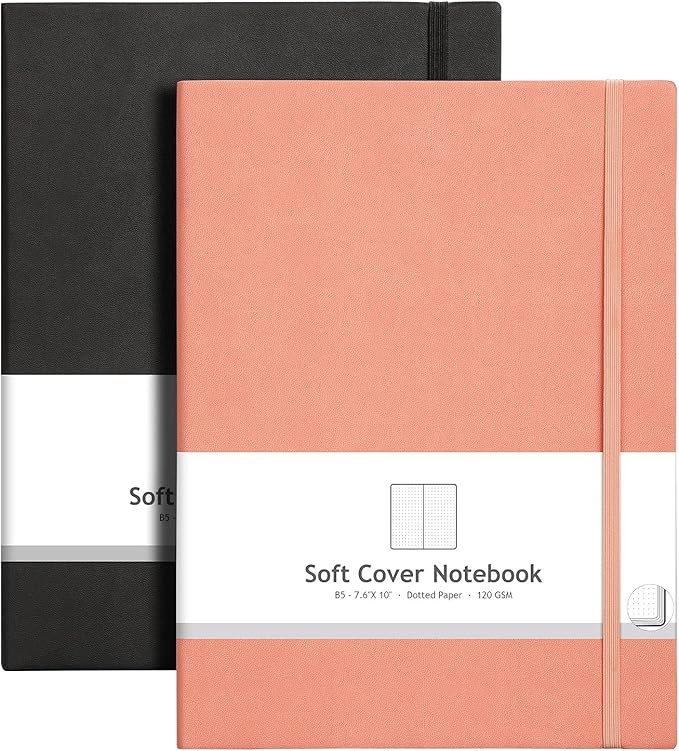 AHGXG Bullet Dotted Journal 2 Pack - B5 Large Journal Dot Grid Notebook (7.6'' X 10'') with Thick 120gsm Dot Paper, Soft Leather Cover, Total 384 Pages, Inner Pocket - BlackPink-DeskLoop Office