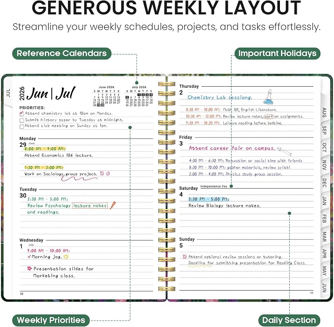 Planner 2026–2027, Academic Monthly Weekly Spiral Calendar, July 2026 – June - Image 3