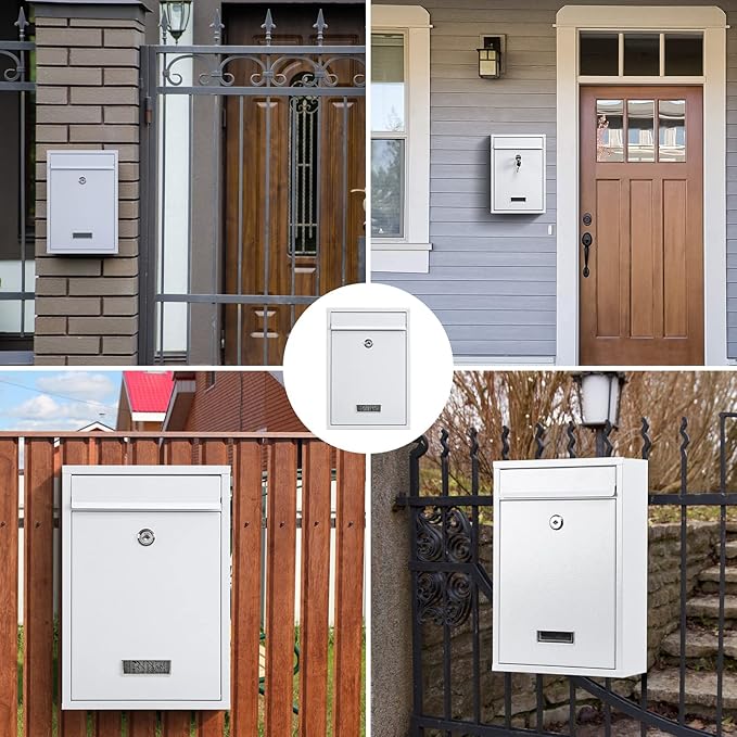 KYODOLED Key Lock MailBoxes for Outside, Locking Wall Mount Mailbox, Security Key Drop Box for Letters Newspapers, Cards, 12.4H x 8.54L x 3.35W Inches, White-DeskLoop Office