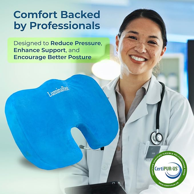 LuminaRest® Gel Enhanced Seat Cushion for Long Sitting – CertiPUR-US® Certified Memory Foam – Tailbone Pain Relief Cushion, Adaptable for Office, Car, Airplane & Wheelchair – (Blue)-DeskLoop Office