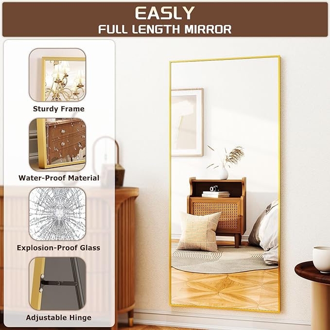 Full-Length Mirror, 24"x68" Floor Mirror with Stand, Wall-Mounted Mirror for Bathroom, Dressing Room - Hanging or Leaning - Full Body Mirrors for Bedroom, Gold-DeskLoop Office