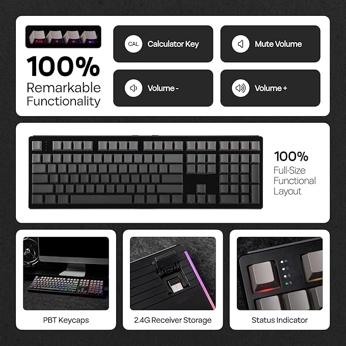 EPOMAKER TH108 Full Size Mechanical Keyboard, Wireless Gaming Keyboard, 8000mAh Battery, Creamy Gasket, 108 Keys, Hot Swap, Custom Driver, RGB Backlights (Black, Sea Salt Silent Switch)-DeskLoop Office