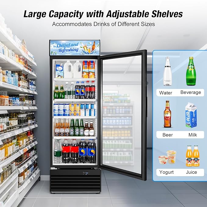 Commercial Beverage Refrigerator, 24 Inch Beverage Fridge, 15 Cu. Ft. Drink Fridge, Display Refrigerator Glass Door, Commercial Display Fridge with Customizable Light Box for Shops, Restaurants, Bars-DeskLoop Office