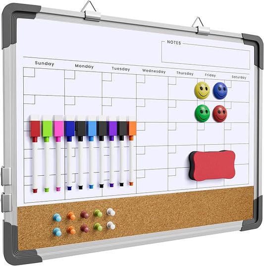 Dry Erase Calendar White Board for Wall, Polegas 17" X 13" Magnetic Whiteboard Dry Erase Cork Board Combination, Small Wall Monthly Double Sided Boards Student, Home, Office (White)-DeskLoop Office