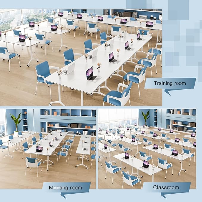 2Pack Folding Conference Room Table, Modern Conference Tables with Silent Wheels, Large Rectangular Mobile Training Tables for Office Classroom, Foldable Modular Seminar Table White (L55.1in)-DeskLoop Office