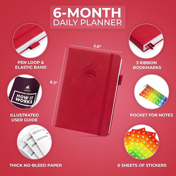 Clever Fox Daily Planner – Undated Planning Notebook with Hourly Schedule & To-Do List – Personal Day Task & Work Organizer, 6 Months (Red)-DeskLoop Office