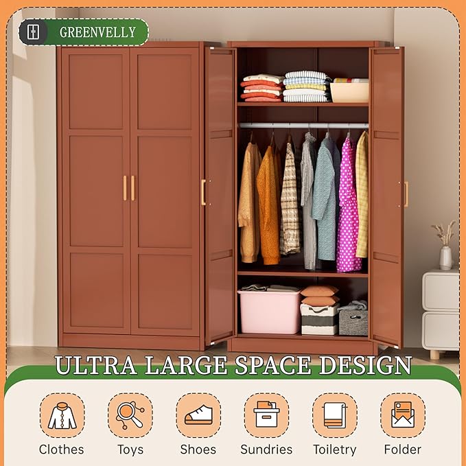 Greenvelly Metal Wardrobe Cabinet with Wooden Handle, 72" Metal Wardrobe Closet with Hanging Rods and Adjustable Shelves, Clothing Storage Closet Cabinet for Home, Office, Employee, Gym (Brown)-DeskLoop Office