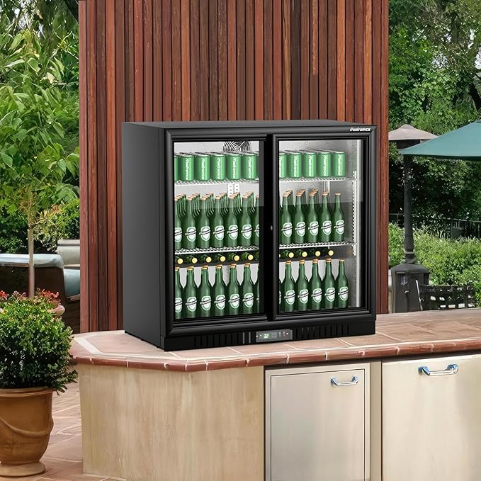 36 Inch 228 Cans Double Door Back Bar Beverage Cooler, 6.5 cu. ft. Under Counter Glass Bar Fridge With Sliding Door, Lockable, 32-50F Display Refrigerator, ETL & NSF7 Certified-DeskLoop Office