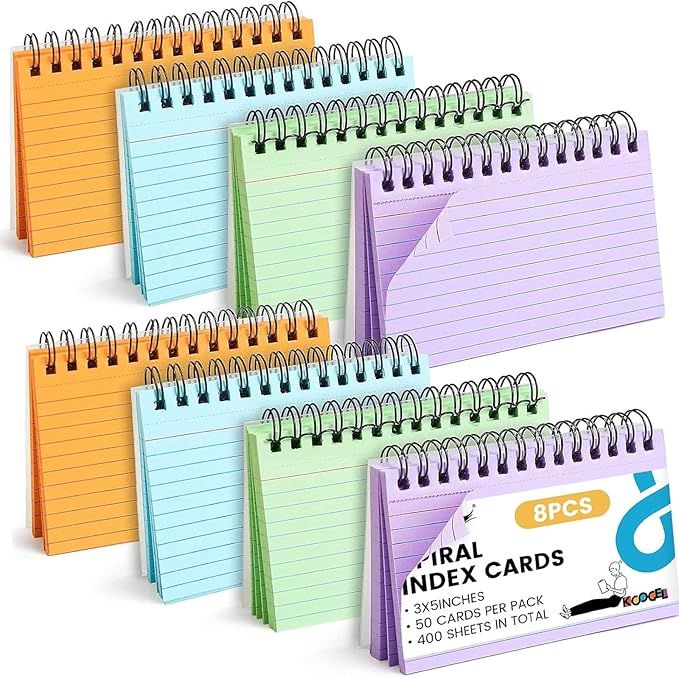 Koogel Colored Spiral Index Cards 3x5 Ruled, Tear-Off Note Cards by KOOGEL