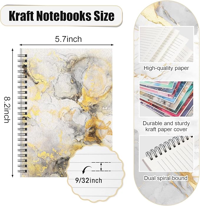 Fuutreo 12 Pcs Spiral Notebook for Work A5 8.3 x 5.7 Inch College Ruled Spiral Journal Notebook Kraft Cover Ruled Paper, 12 Color, 60 Sheets, 120 Pages for Office School(Marble Pattern)-DeskLoop Office
