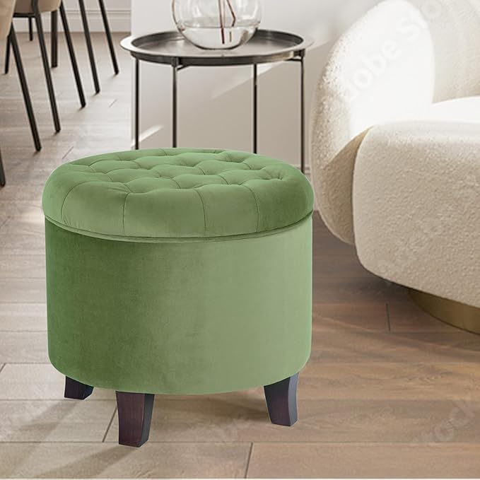 HomePop by Kinfine Fabric Upholstered Round Storage Ottoman - Velvet Button Tufted Ottoman with Removable Lid, Dark Green Small-DeskLoop Office
