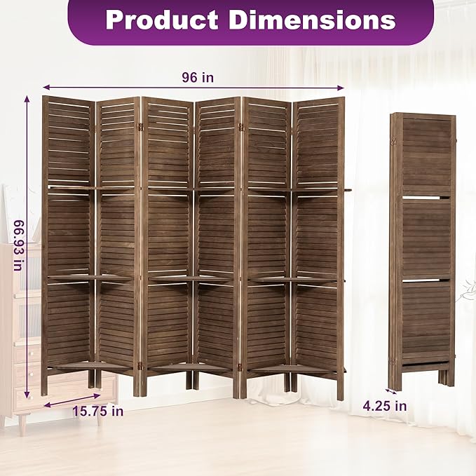 Room Divider with Shelves, 5.6FT Folding Room Divider Panel, 6 Panel Wood Partition Wall Divider for Room Separation, Dark Brown-DeskLoop Office