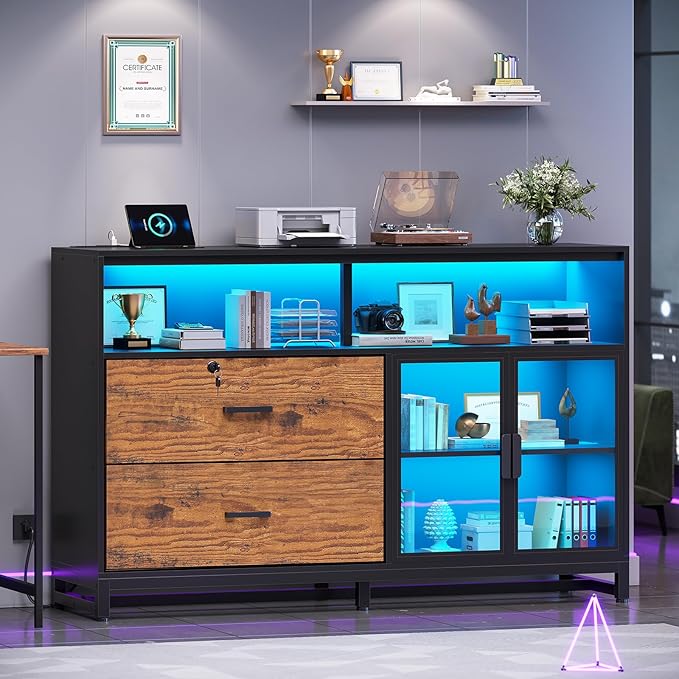 SEDETA 59" File Cabinet, 2 Drawers Filing Cabinets for Home Office fit Legal/Letter/A4 File, File Cabinet with Lock & Power Outlets, Printer Stand with Storage & LED Lights, Rustic Brown-DeskLoop Office