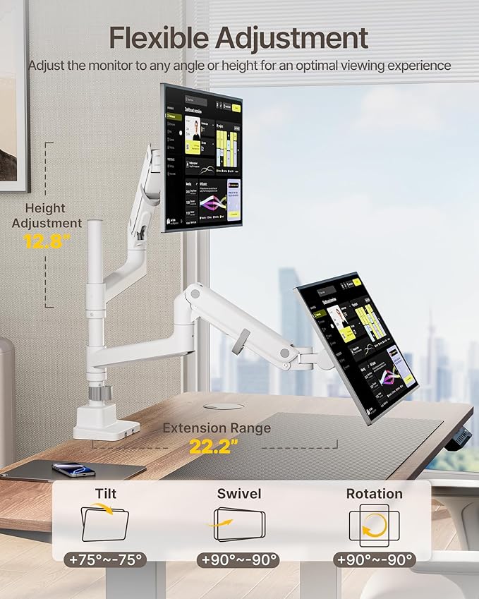 monTEK 17-57 Inch Dual Ultrawide Monitor Arm for Up to 59.4lbs Screen, Aluminum Heavy-Duty Gas Spring Vertical Stackable Curved Screen Adjustable Monitor Stand,75/100mm Vesa Mount, White-DeskLoop Office