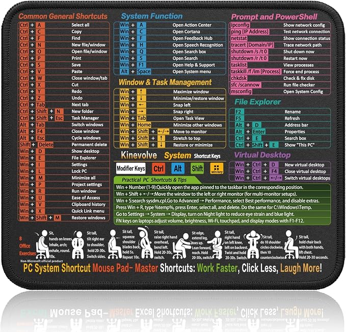 Kinevolve Mouse Pad for Windows Shortcuts – Small Window Cheat Sheet Desk Pad – by Kinevolve