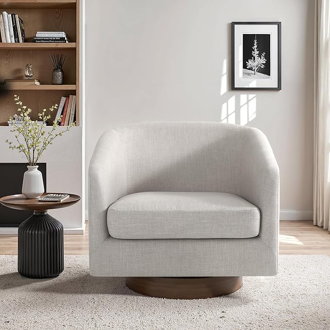 UIXE Swivel Accent Chair with Wood Base, Fabric Upholstered Barrel Chairs for Living Room, Comfy Round Armchair Single Sofa Bedroom Reading Seat - 31" W, Khaki-DeskLoop Office