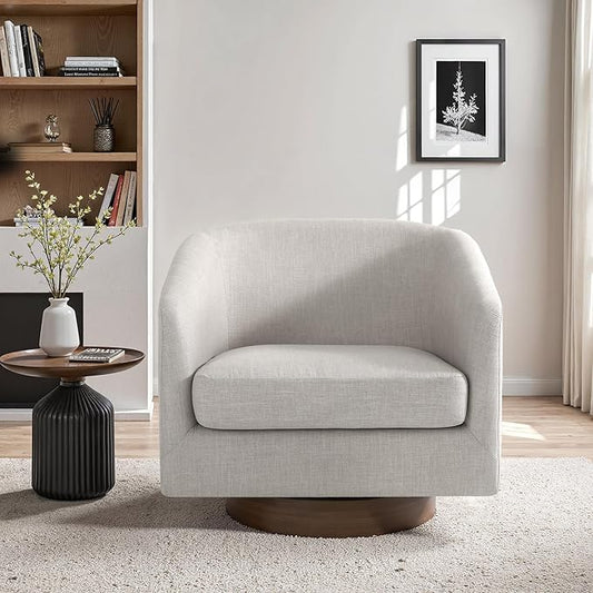UIXE Swivel Accent Chair with Wood Base, Fabric Upholstered Barrel Chairs for Living Room, Comfy Round Armchair Single Sofa Bedroom Reading Seat - 31" W, Khaki-DeskLoop Office