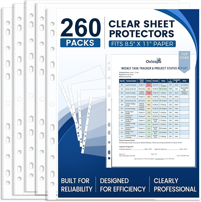 260 Pack Clear Sheet Protectors 8.5 x 11 Inch Easy-Open, Transparent Plastic by Ovlospa
