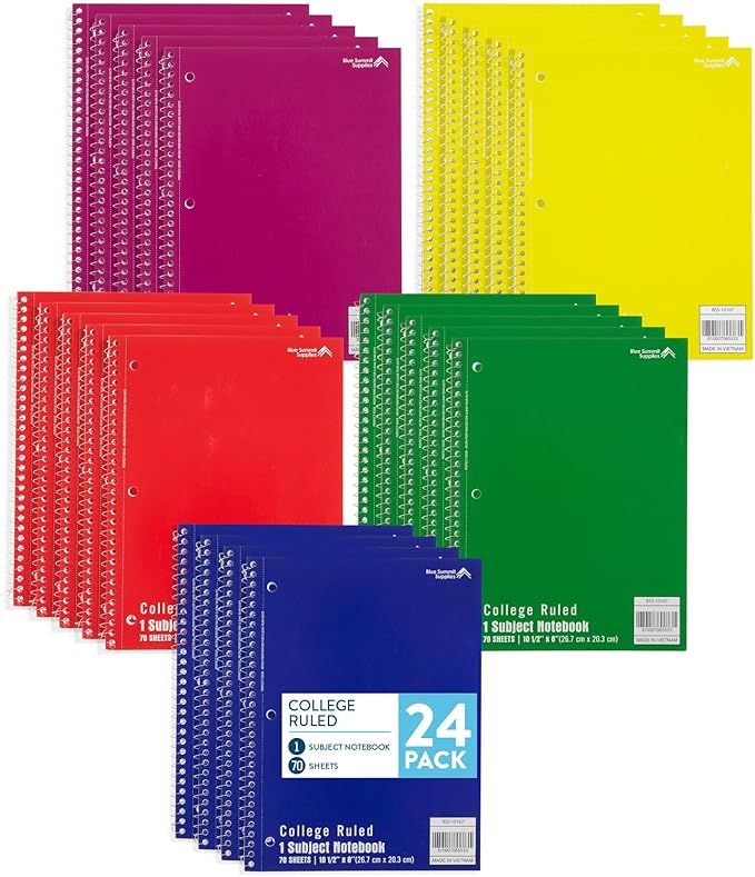 Blue Summit Spiral Notebooks Bulk, One Subject Spiral Notebook College Ruled, Perforated Notebook, 8 x 10.5 for Work and School, Paper, College Ruled, Bulk 24 Pack-DeskLoop Office