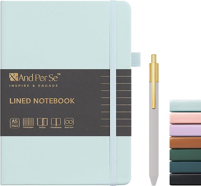 A5 Lined Leather Journal and Pen Set, Hardcover Notebook with Pen, 160 Pages 100gsm Thick Ruled Paper for Men Women, for Work, Business, School or Home Writing, 5.7'' x 8'' (Cyan-Set1)-DeskLoop Office