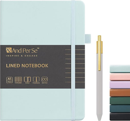 A5 Lined Leather Journal and Pen Set, Hardcover Notebook with Pen, 160 Pages 100gsm Thick Ruled Paper for Men Women, for Work, Business, School or Home Writing, 5.7'' x 8'' (Cyan-Set1)-DeskLoop Office
