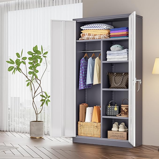 INTERGREAT Metal Storage Cabinet,72 Tall Armoire Wardrobe Closet with Doors,Grey White Storage Locker Cabinets with Adjustable Shelves and Removable Hanging Rods-DeskLoop Office