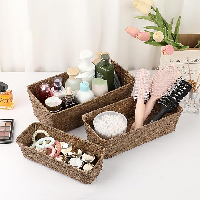3 Natural Wicker Basket Set Rectangular Handwoven Seagrass Basket Storage Bins - Image 7