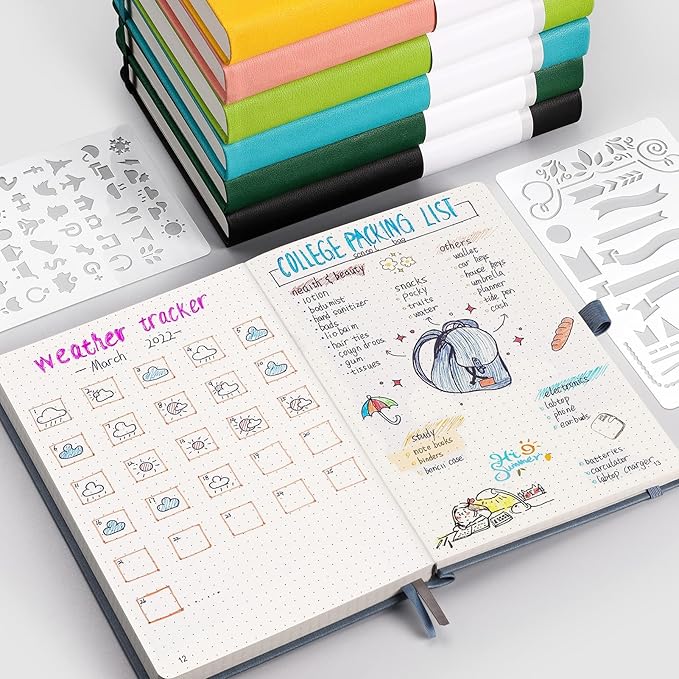 AHGXG Bullet Dotted Journal - 320 Numbered Pages Dot Grid Notebook A5 Thick Journal, 100gsm Thick Dotted Paper, Leather Hardcover,Inner Pocket, 5.75'' × 8.38'' - GrayBlue-DeskLoop Office